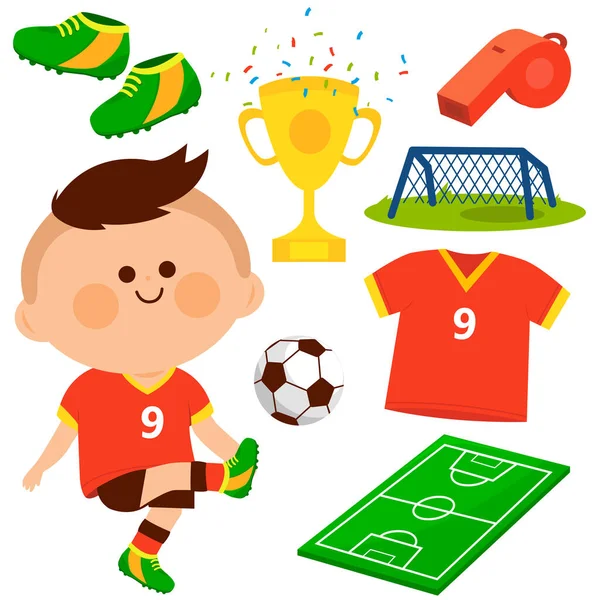 Little boy playing soccer. Vector collection