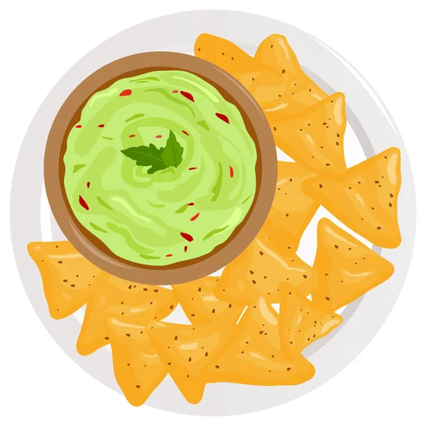 Dish Med Avokado Guacamole Sås Och Nachos Chips Vektorillustration — Stock vektor