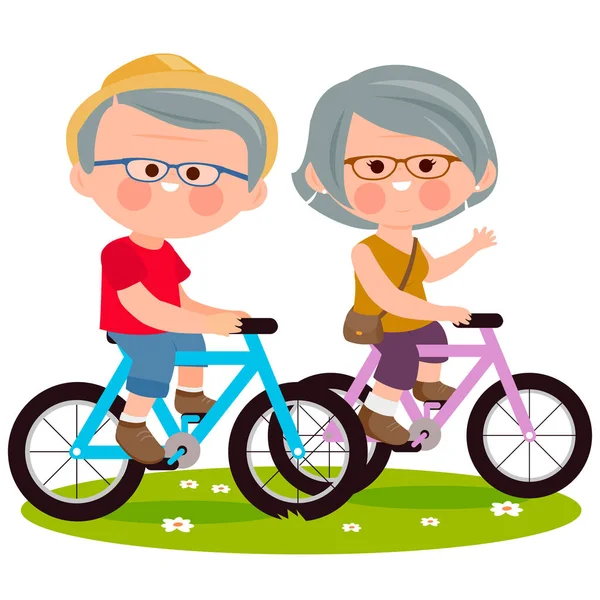 Pareja Mayor Montando Sus Bicicletas Parque Ilustración Vectorial — Vector de stock