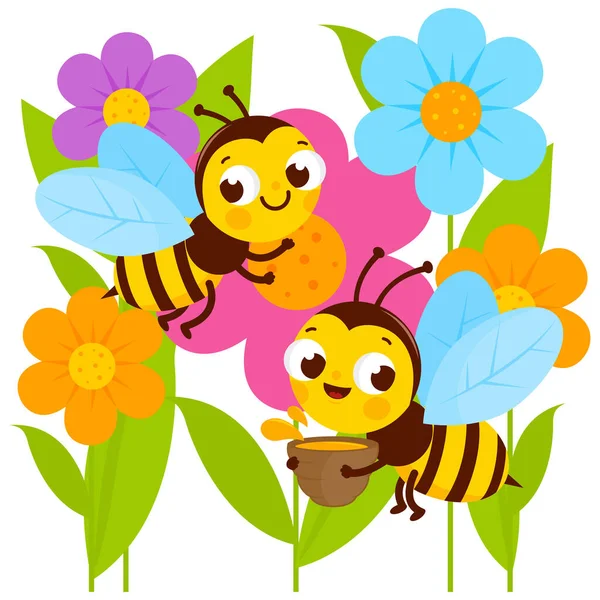 Занятые Пчелы Летают Вокруг Красочных Цветов Векторная Иллюстрация — стоковый вектор