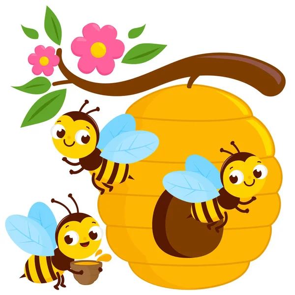 Des Abeilles Occupées Volent Autour Une Ruche Illustration Vectorielle — Image vectorielle