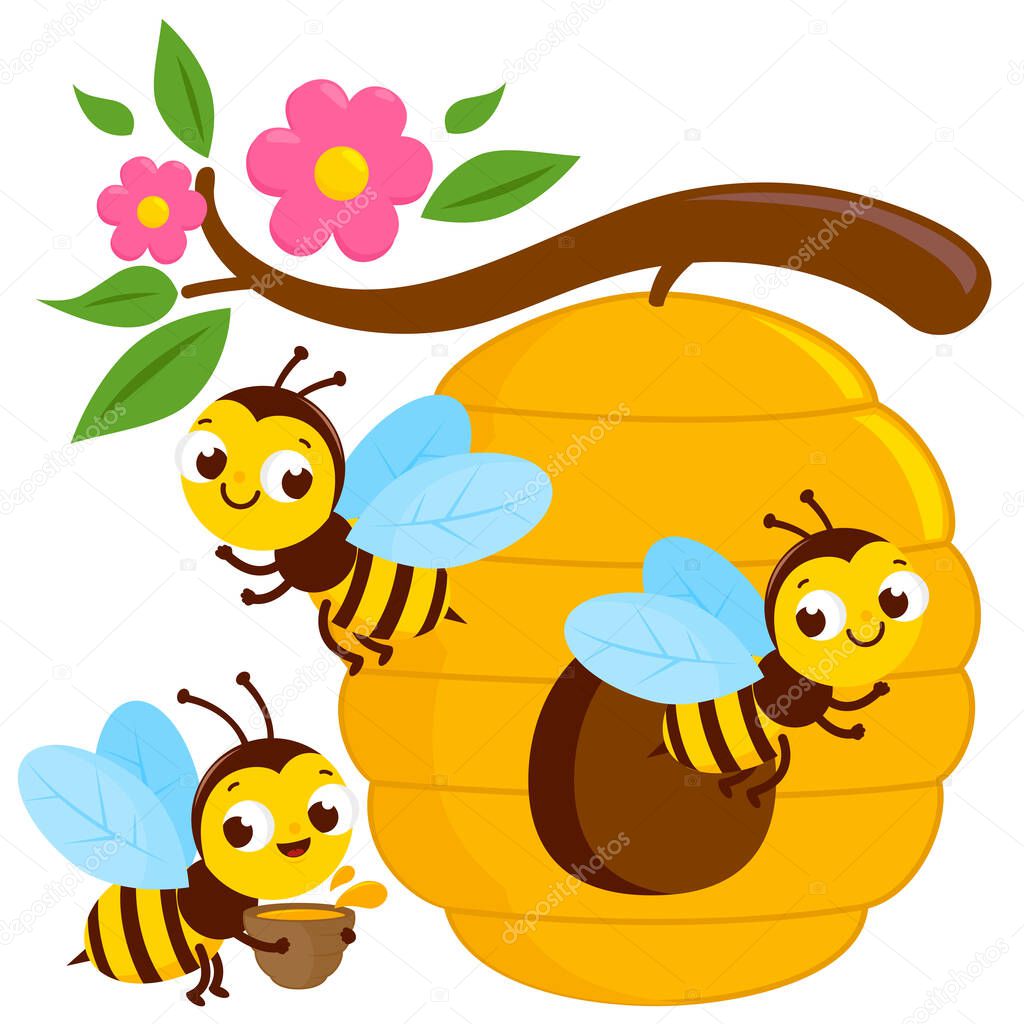 Busy bees flying around a beehive. Vector illustration