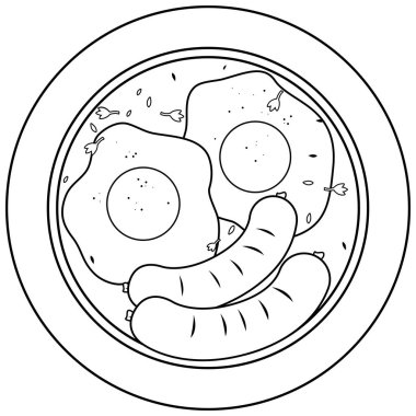 Kahvaltı, öğle ve akşam yemekleri, kızarmış yumurta ve sosis. Bir tabak kızarmış yumurta ve ızgara sosis. Cafe restoranı yemeği. Sağlıklı menü. Vektör siyah ve beyaz renk sayfası