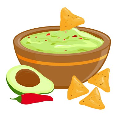 Bir kase guacamole sosu, avokado, kırmızı biber ve nachos. Vektör illüstrasyonu