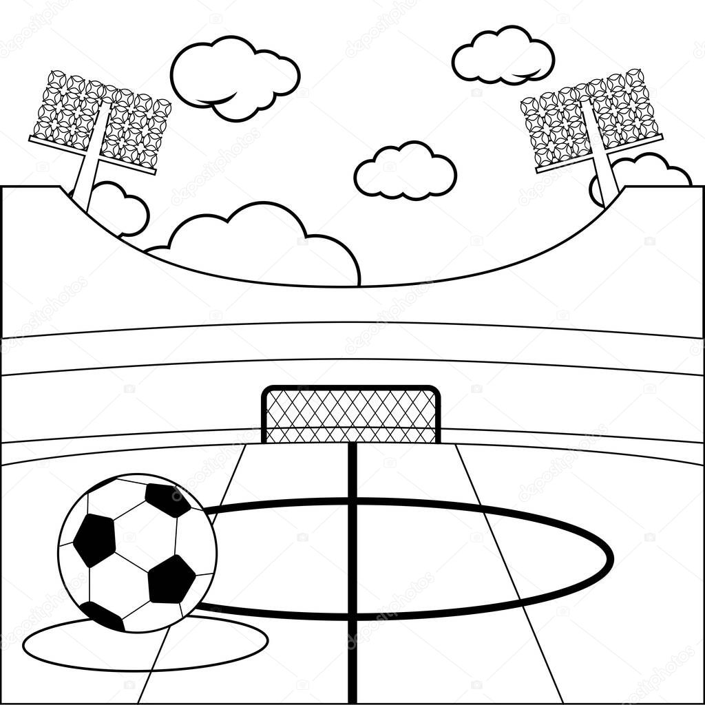 Soccer stadium and a soccer ball. Black and white coloring page