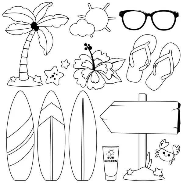 Summer Surfing Set Vector Black White Coloring Page — Stock Vector