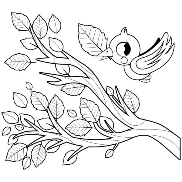 Bird Autumn Flying Tree Branch Dry Leaves Vector Black White — Stock Vector