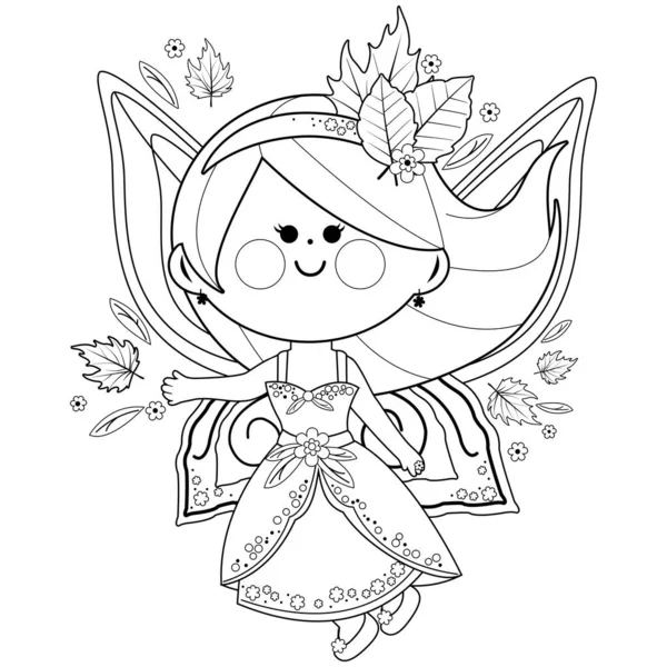 Autumn Fairy Vector Black White Coloring Page — Stock Vector