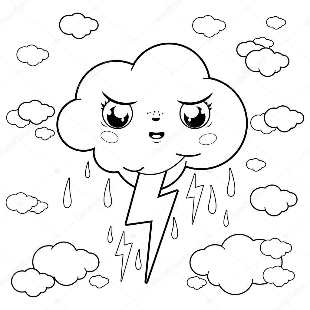 Stormy cloud character raining and thunder. Vector black and white coloring page