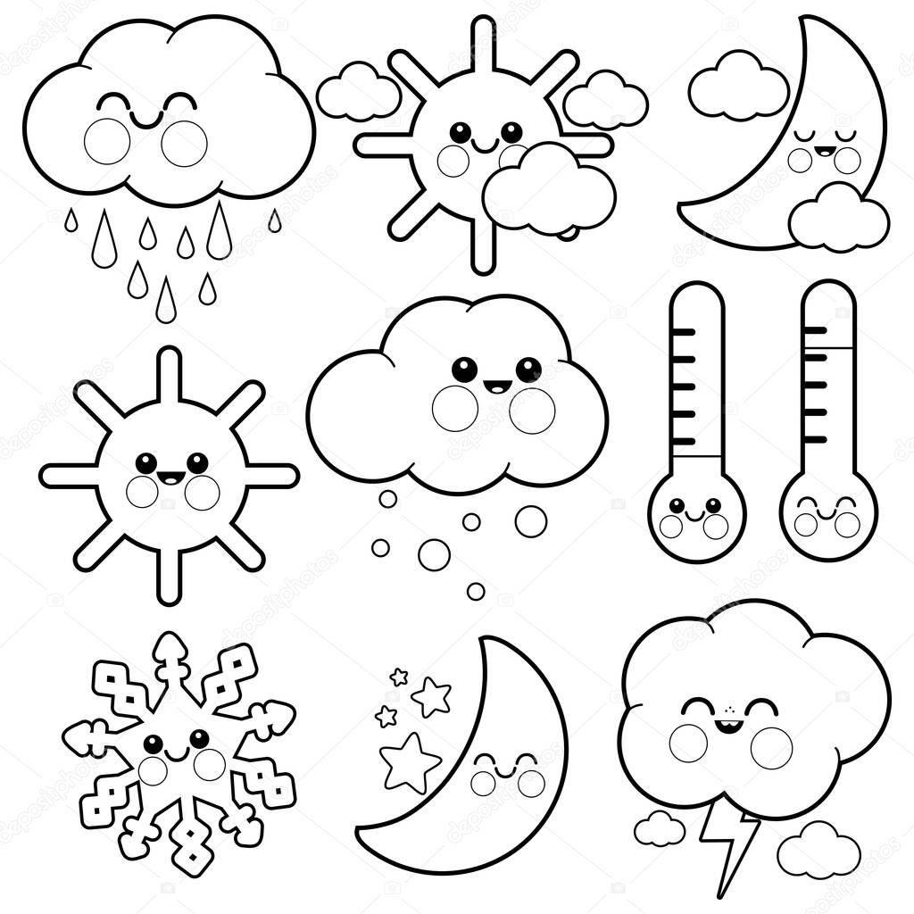 Cute weather icons. Vector black and white coloring page