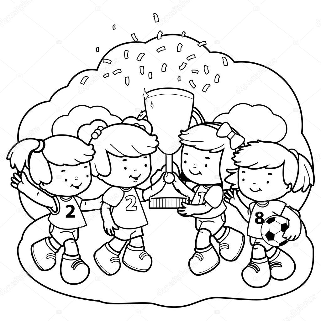 Girls soccer players champions holding a trophy. Vector black and white coloring page