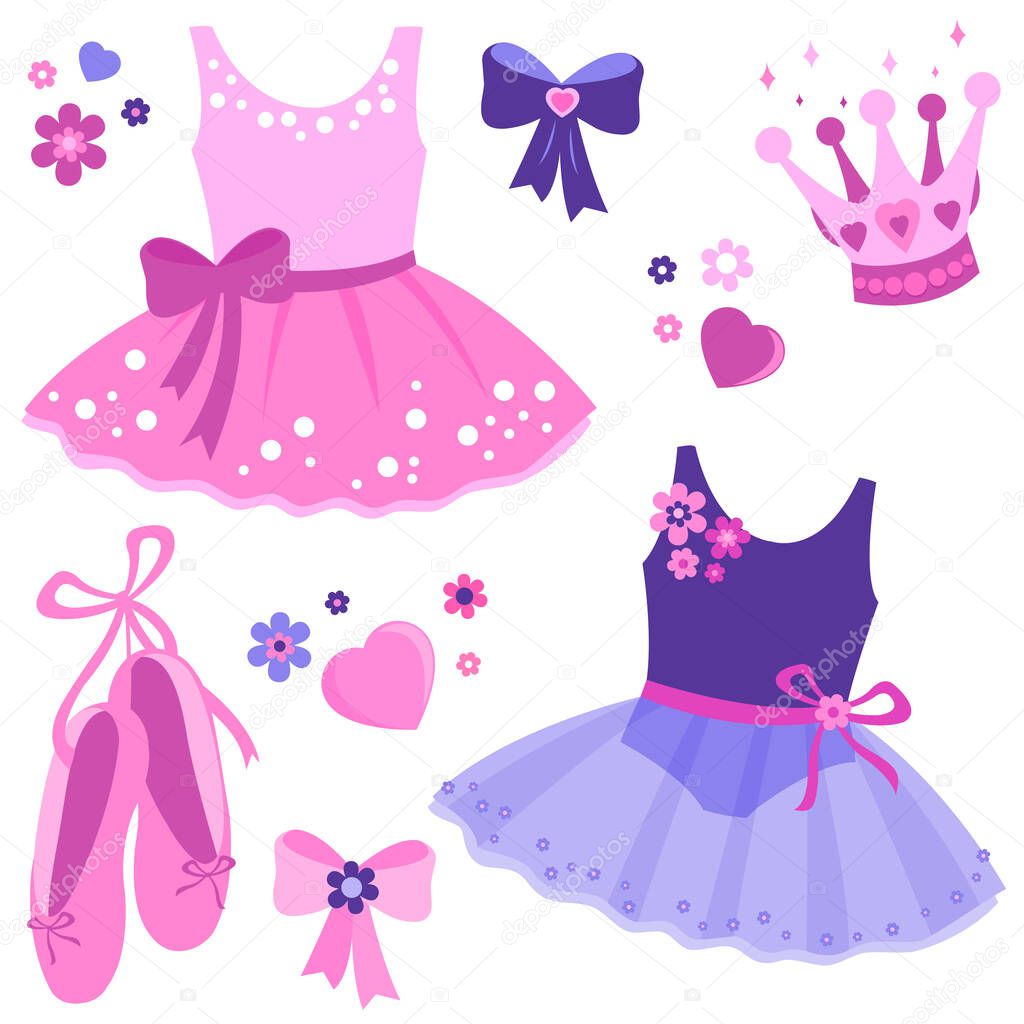 Vector illustration set of cute pink and purple ballerina dancer girl outfits, ballet shoes, ribbons, crown and flowers.