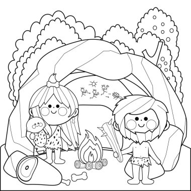 Taş devrindeki tarih öncesi ilkel insanlar çizgi filmi. Mağaralarının içinde bir adam, bir kadın ve bir bebek mağara adamı ateş çukurunun yanında eti pişirmeye hazırlar. Vektör siyah ve beyaz renk sayfası