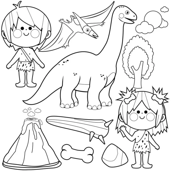 Niños Prehistóricos Cavernícolas Dinosaurios Vector Blanco Negro Para Colorear Página — Vector de stock