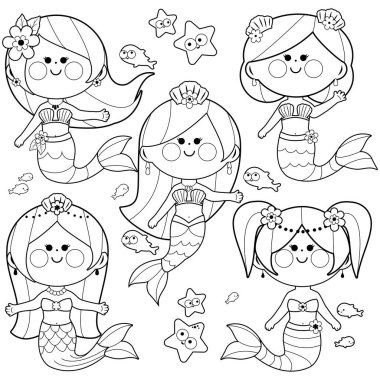 Güzel deniz kızı kızlar ve su altında balık. Şirin denizkızları, balıklar ve denizyıldızları denizin altında yüzer. Vektör siyah ve beyaz renk sayfası