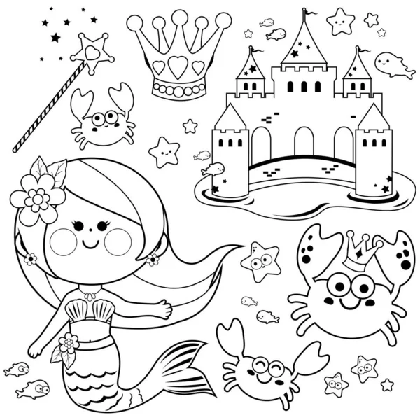 Linda Colección Cuentos Hadas Sirena Vector Blanco Negro Para Colorear — Vector de stock