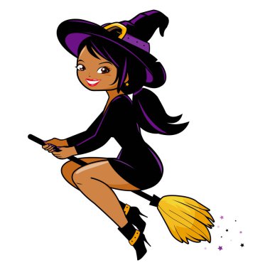 Gökyüzünde uçan sihirli süpürgesi olan güzel cadılar bayramı cadısı. Cadılar Bayramı partisi için cadı kostümlü bir karikatür. Vektör illüstrasyonu