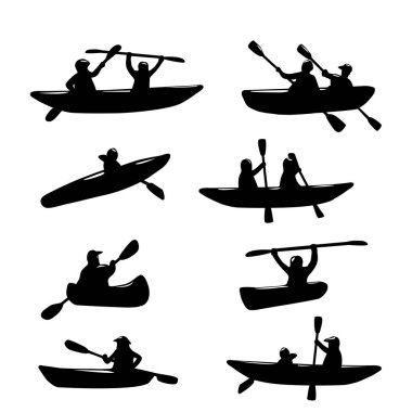 İnsanlar kanoda rafting yapıyor ya da sandallarda kürek çekiyor. Suyun üzerinde hareket etmek için kano kullanan insanların spor siluetleri. Vektör İllüstrasyonu