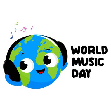 Kulaklıklı ve notalı Happy World haritası. Şirin Dünya çizgi filmi müzik dinliyor. Uluslararası müzik günü. Vektör İllüstrasyonu