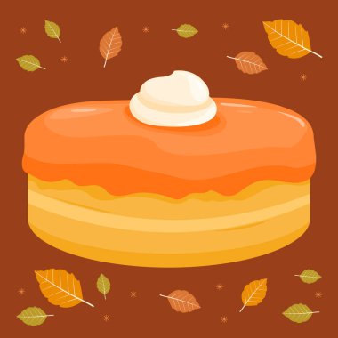 Thanksgiving dinner and holiday pumpkin pie dessert. Pumpkin pie cake with whipped cream. Dry fall leaves on warm brown background. Autumn season baked sweet pumpkin pie. Vector illustration