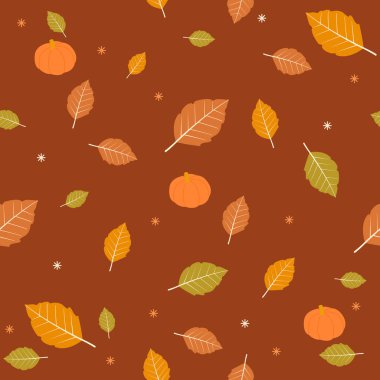 Seamless Thanksgiving and Halloween repeating pattern with Autumn leaves and pumpkins. Warm brown pumpkin and dry leaf background. Fall season holiday decoration wallpaper. Vector illustration