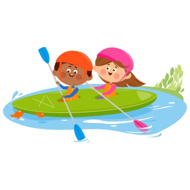 Kano sporu yapan çocuklar nehirdeki su dalgalarını geçmek için kano kullanıyorlar. Çocuklar kanoda rafting yapıyor ya da kayıkta kürek çekiyor. Oğlan ve kız bir kanoda kürek ya da kürek çekerek su sporu yapıyorlar. Vektör İllüstrasyonu