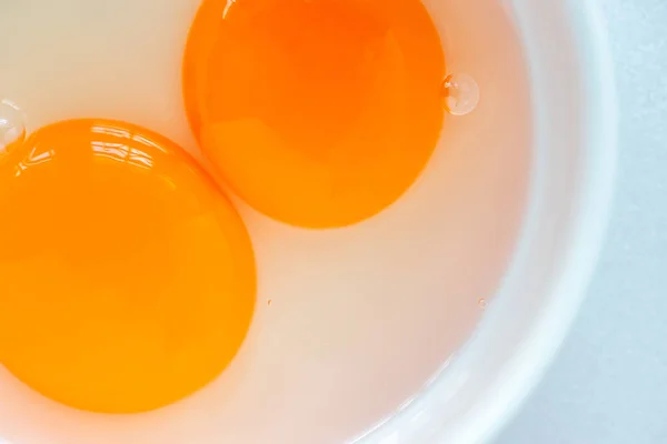 Close Two Raw Duck Egg Yolks White Bowl — Stock Photo, Image