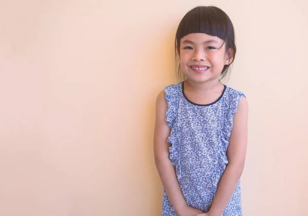Şirin Asyalı Kız Sevimli Mavi Elbiseli Güler Yüz Doğal Işık — Stok fotoğraf