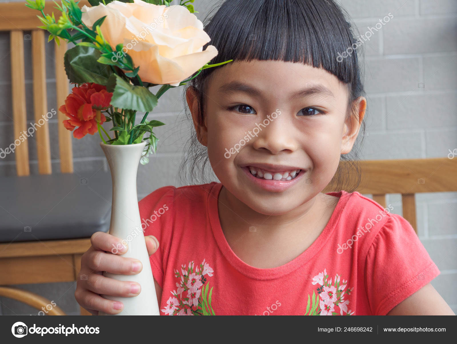 Portrait Little Girl Holding Flower Vase Big Smiley Face Looking