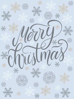 Kar tanelerinin arka planında Mutlu Noeller yazılı tebrik kartı