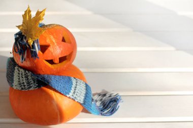 bir sıcak eşarp ve yay akçaağaç yaprağı Turuncu kabak fikir manikür / Halloween moda gösterisi