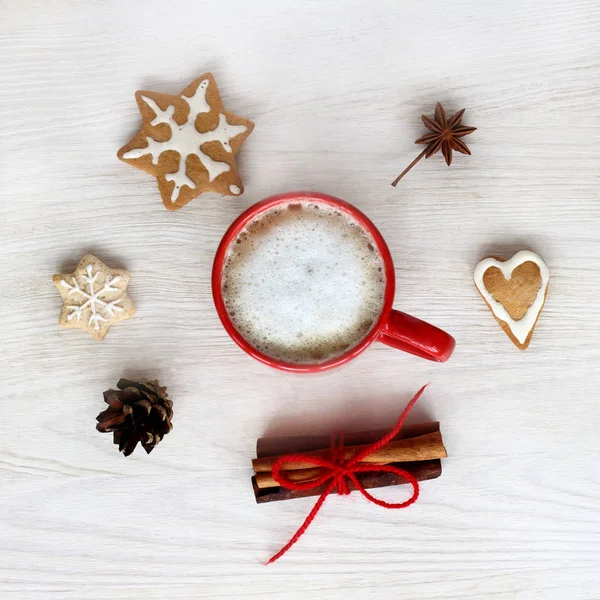 Flat Layout Frothy Cappuccino Cup Holiday Cookies Christmas Coffee Break — Stock Photo, Image