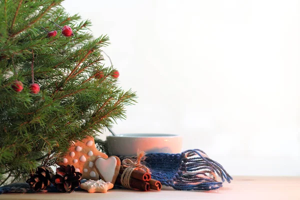 White Mug Blue Scarf Cookies Festive Christmas Tree Warming Atmosphere — Stock Photo, Image