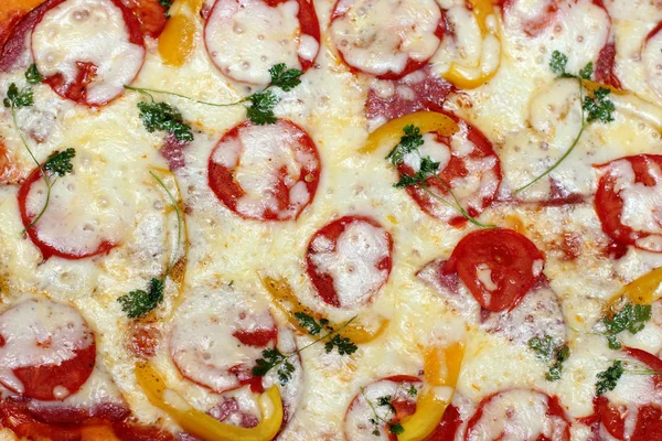 Homemade Pizza Cheese Sausage Vegetables Herbs Top View Large Hot — Stock Photo, Image