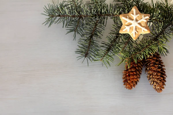 Fir Branches Pine Cones Ginger Snowflake Light Wood Surface Top — Stock Photo, Image
