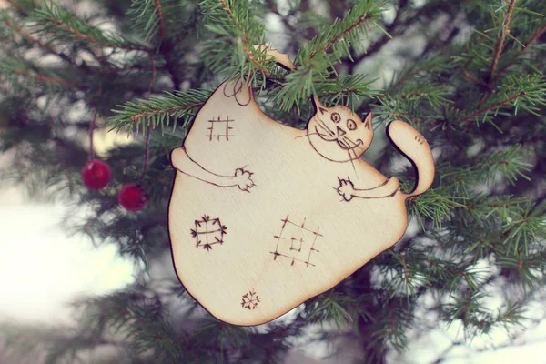 Green Holiday Present Christmas Tree Homemade Ornaments Happy Mood New — Stock Photo, Image