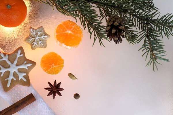 Orange Fruits Cookies Holiday Tree Top View Meet New Year — Stock Photo, Image