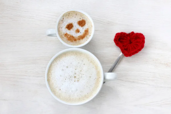 Jolly Man Cups Frothy Cappuccino Heart Symbol Top View Good — Stock Photo, Image