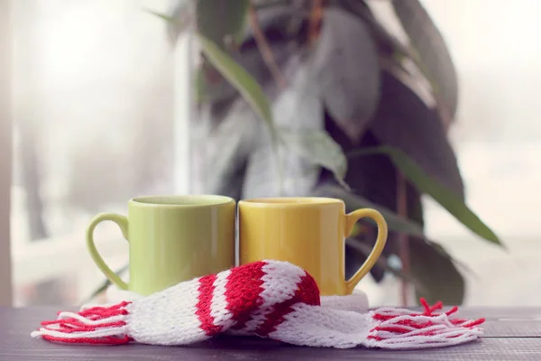 pair of colored cups standing on a table wrapped in a scarf against the window / warming atmosphere for meeting