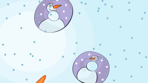 在降雪的背景下 以飞行的胡萝卜和雪人的形式出现了一个百分之一的图形动画视频 美味而有趣的冬季折扣 — 图库视频影像