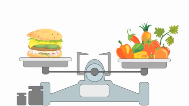 Video Footage Balancing Scales Fast Food Fresh Vegetables Graphic Animation — Stock Video