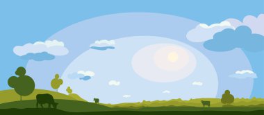 Bulutlu vektör alanı ve otlayan inek siluetleri. Yazın kırsal alan