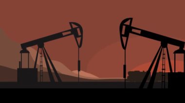 Petrol pompalayan mekanizma siluetleri ve tren tankları ile yapılan video animasyonları. Madencilik ve fosil yakıtların nakliyesi