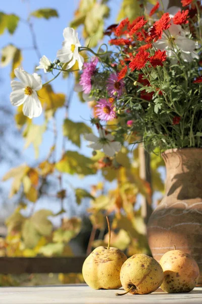 Olla Barro Vieja Con Flores Sobre Una Mesa Cenador Jardín — Foto de Stock