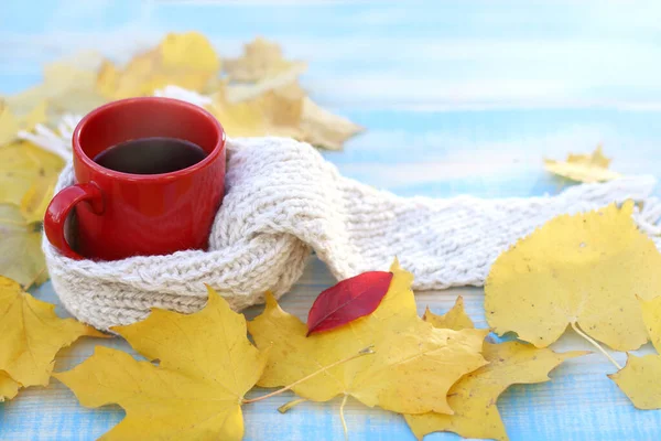 노란색 나뭇잎이 테이블에 스카프에 뜨거운 음료와 커피와 커피와 — 스톡 사진