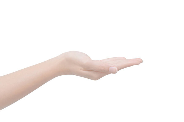 Женская рука изолирована на белом фоне с вырезкой пути. Ручное действие для показа своего баннера или продукта
.