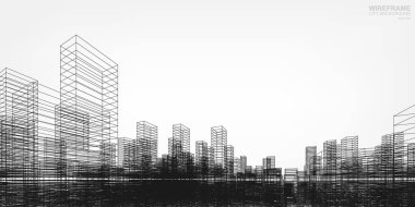 Perspektif tel kafes oluşturma 3d render. Vektör tel kafes şehir bina arka plan.