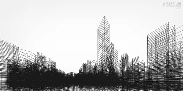 透视3D 渲染的建筑线框 矢量线框城市建筑背景 — 图库矢量图片