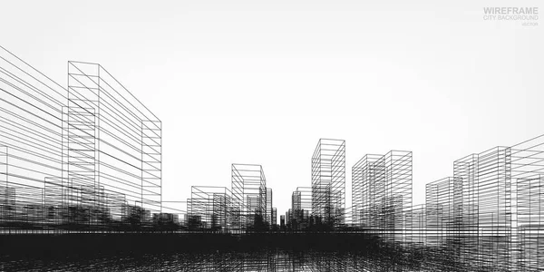 Rendering Prospettico Del Wireframe Costruzione Wireframe Vettoriale Città Sfondo Costruzione — Vettoriale Stock