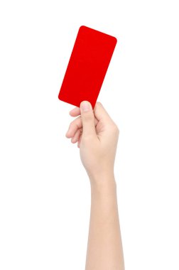 El izole kırpma yolu ile beyaz zemin üzerine kırmızı kart gösteriliyor. Soyut işareti ve futbol spor simgesi.